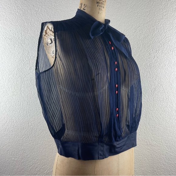Vintage l 50s L Sheer Navy Blue Pintuck Necktie Bow Red Button Rockabilly Blouse - Picture 8 of 11